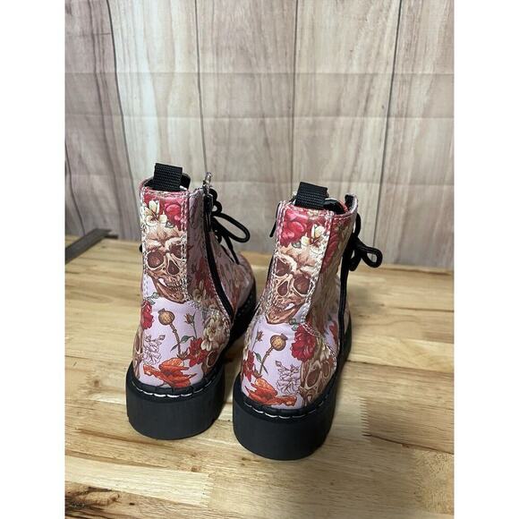 TUK Anarchic Pink Skull & Roses Combat Boots - Picture 6 of 10